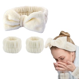 ZKSXOA 3 Pack Bowknot Spa Headband, Wrist band,Soft Coral Fleece Facial Makeup Hair Wrap Makeup Fluffy Headband for Women Girls Washing Face Skincare, White