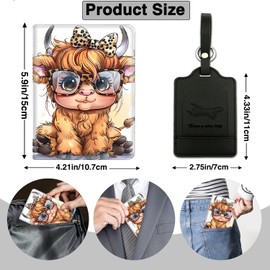 Passport Holder for Travel with Luggage Tag, PU Leather Passport Wallet with RFID Blocking for Women Men, Multi Card Slot Passport Cover Case, Highland Cow Cute Leopard Bow Baby Cow