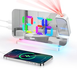 Euakee Wecker Digital, Wecker mit Projektion, 7.4" LED-Spiegeluhr, 10-Farben Nachtlicht, 180° Drehbarem Projektor, USB-C Ladegerät, Projektionswecker für Kinder Schlafzimmer Mädchen Jungen