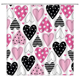 ZKJSMGS Valentines Heart Shower Curtain,Hot Pink Black Heart Dots Striped Sweet Modern Bathroom Home Curtain Decor with Hooks,70x70 Inch