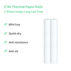 Bisofice 2 Rolls of Thermal Paper A4 Anti-Curl, Compatible with PeriPage P80 Thermal Printer, Mobile Printer A4, Jam Free Design, Quick-Drying Thermal Printer Paper Roll, 210 x 30 mm