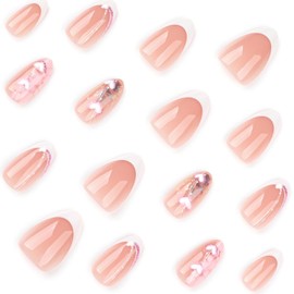 Almond Press on Nails Medium Short Acrylic Nails White French Tip Fake Nails with Designs 3D Heart Flower Glue on Nails Full Cover Artificial Nails Glossy Stick on Nails for Women 24 Pcs