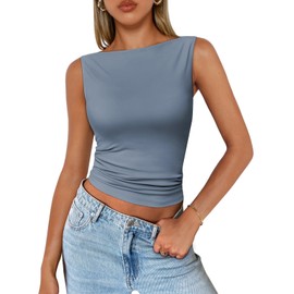 Trendy Queen Womens Going Out Casual Tank Tops Cute Y2K Spring Summer Basic Fitted Boat Neck Crop Petite Tops Sleeveless Tee Shirt 2024 Fashion Outfits Clothes