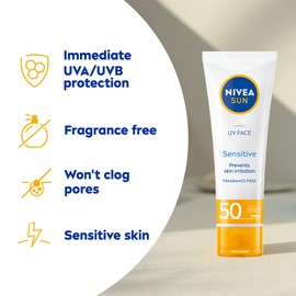 Nivea Sun NIVEA Sun UV Face Sensitive SPF 50 Cream (50ml), Sunscreen Protects Against UVA/UVB Rays and Premature Skin Ageing, Sun Cream for Sensitive Facial Skin