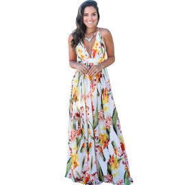 Women Bohemian Floral Printed Wrap Sleeveless V Neck Spaghetti Strap Dress Casual Beach Party Boho Tropical Summer Maxi Dress Cross Back Strappy Backless Wedding Prom Evening Dress White lily Medium