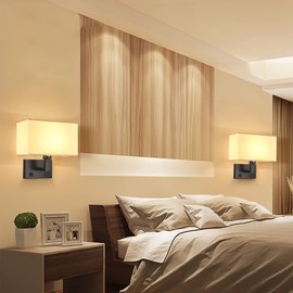 Moon rural Bedside Wall Mount Light with USB, LED Reading Swing Arm Fabric Shade Wall Sconce Light Hardwired, Perfect for Bedroom, Living Room and Hotel (Black)