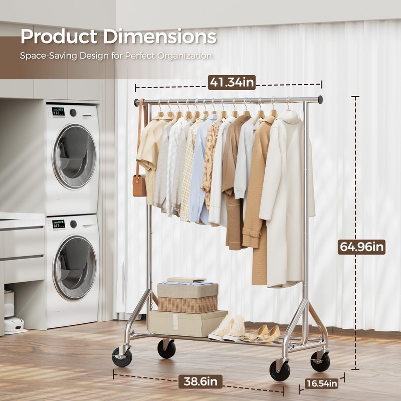 HYSEYY Clothes Rack, Rolling Clothing Rack for Hanging Clothes Load
