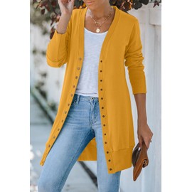 MEROKEETY Women's 2024 Fall Long Sleeve Snap Button Down Solid Color Knit Ribbed Neckline Cardigans Mustard