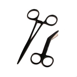 AAProTools Heavy Duty Black Color Lister Bandage Trauma Shears Scissors + Hemostat Forceps Straight Premium Quality (3.5" Scissors + 5" Straight Hemostat) A+ Quality