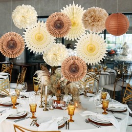 SUNBEAUTY 9 Beige Pompoms Decorative Lanterns Brown Cream Paper Fan Party Decoration for Birthday Wedding Decoration Vintage Room Decoration Baby Shower