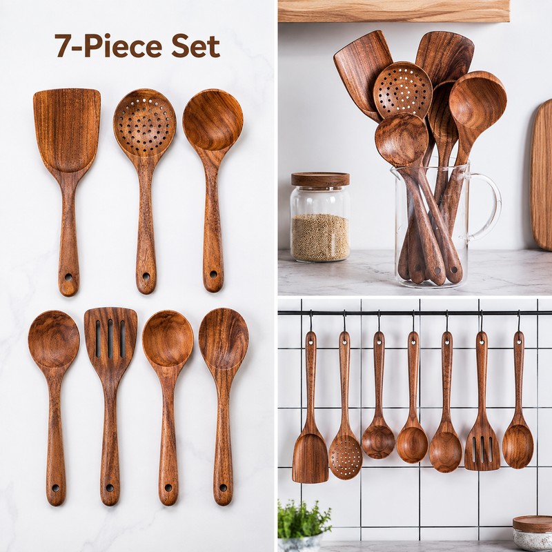 7-Piece Wooden Kitchen Utensil Set for Everyday Cooking - Non-Scratch