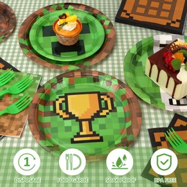 Pixel Party Paper Plates and Napkins Supplies | 200pcs | 50 7inch Dessert Plates | 50 9inch Disposable Plates | 50 Napkins | 50 Forks for Baby Shower Video Game Pixelated Themed Birthday Supplies
