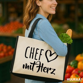 huuraa Jute Bag Chef with Heart Present Shopper Shopping Bag Black 21 Litres Jute and Cotton Chef Gift Idea, black, Unit size