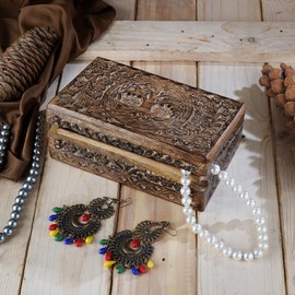 Ajuny Wooden Hand Carved Decorative Jewelry Box Tree of Life Carvings Vintage Keepsake Storage Organizer Travel Treasure Chest Trinket Holder Case Great Gifts 8x5 Inch