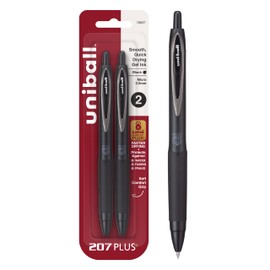 Uniball 207+ Black Retractable Gel Pens 2 Pack with Micro 0.5mm Points, Uni-Ball Click Pens are Fraud Proof and the Best Office Pens, Nursing Pens, Business Pens, School Pens, and Bible Pens