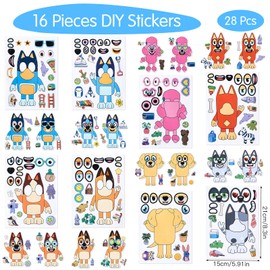 28pcs Party Bags Children's Birthday Blue-y Toy Set with 16 Dog DIY Stickers 12 Snap Bracelets for Gift Give Aways Children Birthday Decoration Party Accessories Boys Girls Student Reward