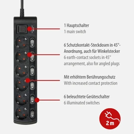 Brennenstuhl Brennenstuhl Steckdosenleiste einzeln schaltbar 6-fach mit 2-poligen Schaltern (Steckerleiste mit 1x Hauptschalter und 6x Ger?teschalter, Mehrfachsteckdose 2m Kabel, erh?hter Berhrungsschutz) schwarz