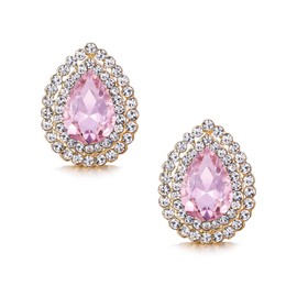 EVER FAITH Wedding Austrian Crystal Stud Earrings for Bride, Elegant Teardrop Rhinestone Earrings Jewelry for Women Pink Gold-Tone