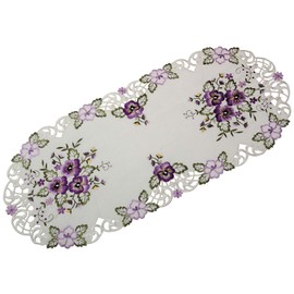 Quinnyshop Purple Pansy Embroidery Table Runner Tablecloth Cushion Cover Choice of Sizes Polyester White (40 x 90 cm)
