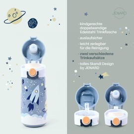 Jenard® Trinkflasche für Kinder aus doppelwandigem Edelstahl, 2 verschiedene Trinkaufsätze, auslaufsicher, kindgerecht, Skandi Design (Blau/Grau, Weltraum)