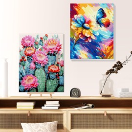 Paint by Numbers Kit for Adults Beginners with Framed Canvas&Wooden Easel, DIY Acrylic Paint by Numbers Kits for Adults, Landscapes Cactus Flower Arts and Crafts for Home Wall Decor, 12x16inch