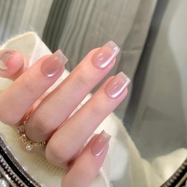 MouyouGlow Press on Nails Short, Square Nude Colours, Pink Plain Cat Eye Magnetic Fake Nails with Nail Glue, Baby Pink Phototherapy Artificial Fingernails for Women and Girls