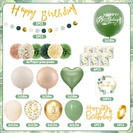 Sancuanyi 50th Birthday Decoration, Lantern Table Decoration 50th Birthday, Green Gold 50th Birthday Decoration Woman Man, 50th Birthday Decoration Green with Balloons, Eucalyptus Pompoms Banner