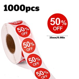 Tinoaly 1000 Stück 50% Rabatt Aufkleber, 25mm Runde Selbstklebende 50 Prozent Rabatt Aufkleber Praktische Werbeetiketten Verkaufsanhänger für Einzelhandelsgeschäfte Supermärkte (Rot)