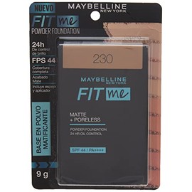 Maybelline Base de Maquillaje en Polvo Fit Me, NATURAL BUFF 230, 9 gr, controla brillo por 24h, con protector solar, resistente al agua, sudor y humed