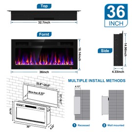 36 Inch Electric Fireplace Recessed and Wall Mounted, Fireplace Heater and Linear Fireplace, Ultra-Thin Electric Fireplace, Low Noise, with Timer, Remote Control, Adjustable 12 Flame Color, 750/1500W