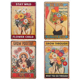 4pcs Motivational Wall Art Decor, DSIOHFEI 8 x 12inch Retro Art, Positive Girls Tin Wall Signs Vintage Plaques with Flower, Hippie Boho Home Decor Sign for Bars Pubs Bedroom
