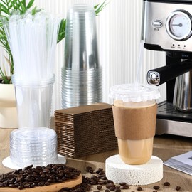Baderke 50 Sets Clear Plastic Coffee Cups with Leak-proof Paper, Cup Sleeves, Lids, and Straws, Disposable PET Cups for Iced Coffee, Cold Drinks, Juice, Smoothie, Milkshake, Cafes, Party(18 oz)
