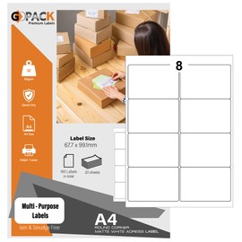 20 Sheets - 8 Labels Stickers Per Sheet, A4 White Sticky Labels, Address Labels 67.7 x 99.1 mm, Printable Sticker Paper Compatible with Inkjet & Laser Printers, Quick Dry