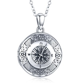 TRISHULA Locket Necklace 925 Sterling Silver Tree of Life Compass Locket Necklace Vintage Oxidised Holds Pictures Locket Jewellery Gift for Women and Men, Sterling Silver