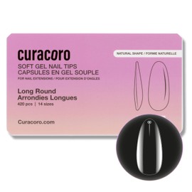 Curacoro Natural Nail Soft Gel Tips - 420Pcs Soft Extension Tips, 14 Sizes Clear Full Cover Acrylic Gel Tip, Long-Lasting Salon Quality, Easy to Wear & Natural Look (Round, Long)