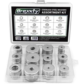 Fender Washers for Screws (100 Pcs) — 304 Stainless Steel Flat Washers Assortment Kit in Different Sizes (M3 M4 M5 M6 M8 M10 M12)—for Home & Industrial Usage
