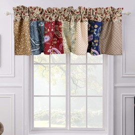 Cozy Line Home Fashions Sanders Floral Paisley Navy Blue Brown Red Patchwork Home Accessories, Window Treatments Light Filtering Rod Pocket, Valance