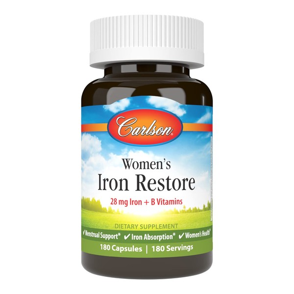 Carlson - Women's Iron Restore, 28 mg Iron + B Vitamins, Menstrual Support, Iron Absorption & Women's Health, 180 Capsules