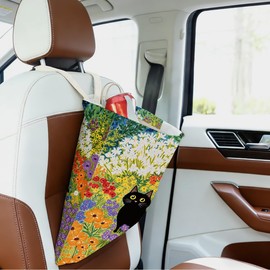 VYXVYX Car Garbage Can, Car Trash Bag Hanging, Country Style Design Hanging Drawstring Adjustable Buckle, SUV, Camping Road Trips, Cute Prints Colorful Flower Field Black Cat 12 x 10 inches