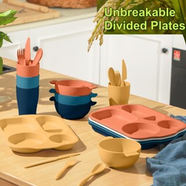 24 Pcs Wheat Straw Dinnerware Cutlery Set for Aldult Including Divided Plates Microwave Dishwasher Safe Bowl Unbreakable Tableware Straw Cutlery Spoon Knife Fork(Bright Color)