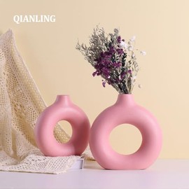 QIANLING Jarrón de cerámica, 2 jarrones redondos rosados, jarrones rosas para decoración, floreros, sala de estar, mesa de comedor, oficina, casa de campo, centros de mesa