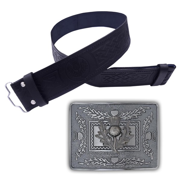 Kilt Belt and Buckle Set - Scottish Thistle Design/Leather Kilt