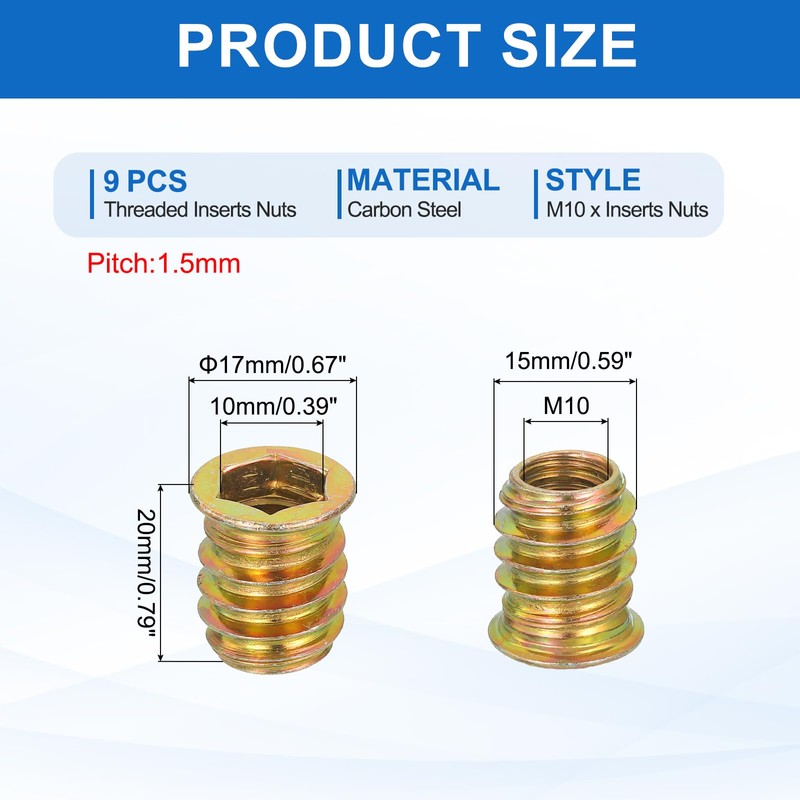 sourcing map 9Pcs Threaded Inserts Nuts, M10x20mm Hex Socket Drive