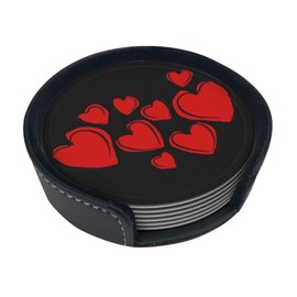 Valentine's Day Red Hearts Print Coaster Set of 6 for Drinks with Holder for Coffee Wooden Table Home Decor 4 inch