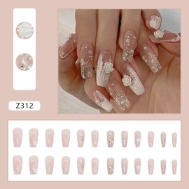 Medium Length Press on Nails, Floral Artificial Fake Nails, 24Pcs Reusable Full Cover False Nails Kits, White Flower and Pearl Acrylic Nails Design, Glue on Nails Fake Nails for Women Girls