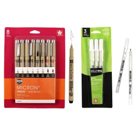 Sakura Pigma Micron Fineliner Pens & Gelly Roll Classic White Pens - Pens for Writing, Drawing, or Journaling - Assorted Point Sizes - 8 Black Ink Micron Pens - 3 White Gelly Roll Pens