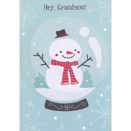 Designer Greetings Smiling Snowman with Floating Hat in Snow Globe on Light Blue Juvenile Christmas Card for Young Grandson