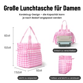 Lunch Bag Women Drawstring Insulated Carry Bag Bento Boxes Large RCA Closure Insulated Bag Lunch Bag Lunch Bag Lunch Bag for Work Picnic (Pink Checked)