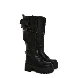 Dolls Kill Obsidian Pocket Platform Boots by Current Mood – Vegan Leather Knee High Boots for Grunge Fashion - Black, 8