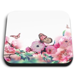 1 x Square MDF Fridge Magnet - Pink Flowers Butterfly Cute 2420